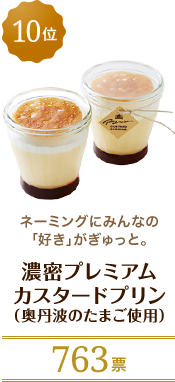10位 濃密プレミアムカスタードプリン ネーミングにみんなの「好き」がぎゅっと。 763票