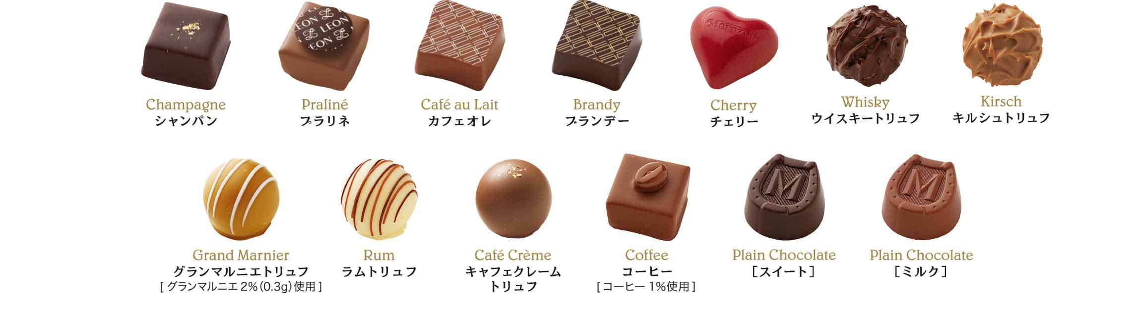 Champagne シャンパン。Praliné プラリネ。Café au Lait カフェオレ。Brandy ブランデー。Cherry チェリー。Whisky ウイスキートリュフ。Kirsch キルシュトリュフ。Grand Marnier グランマルニエトリュフ。[グランマルニエ2％ (0.3g) 使用]。Rumラムトリュフ。Café Crème キャフェクレームトリュフ。Coffee コーヒー[コーヒー1％使用]。 Plain Chocolate [スイート]。Plain Chocolate [ミルク]