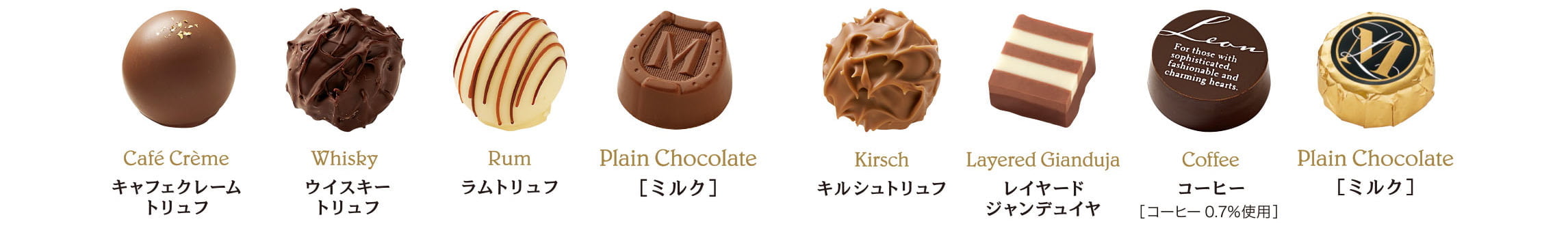 Café Crème キャフェクレームトリュフ。Whisky ウイスキートリュフ。Rum ラムトリュフ。Plain Chocolate [ミルク]。Kirsch キルシュトリュフ。Layered Gianduja レイヤードジャンデュイヤ。Coffee コーヒー [コーヒー0.7％使用]。Plain Chocolate [ミルク]