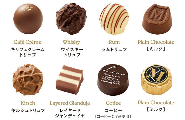 Café Crème キャフェクレームトリュフ。Whisky ウイスキートリュフ。Rum ラムトリュフ。Plain Chocolate [ミルク]。Kirsch キルシュトリュフ。Layered Gianduja レイヤードジャンデュイヤ。Coffee コーヒー [コーヒー0.7％使用]。Plain Chocolate[ミルク]