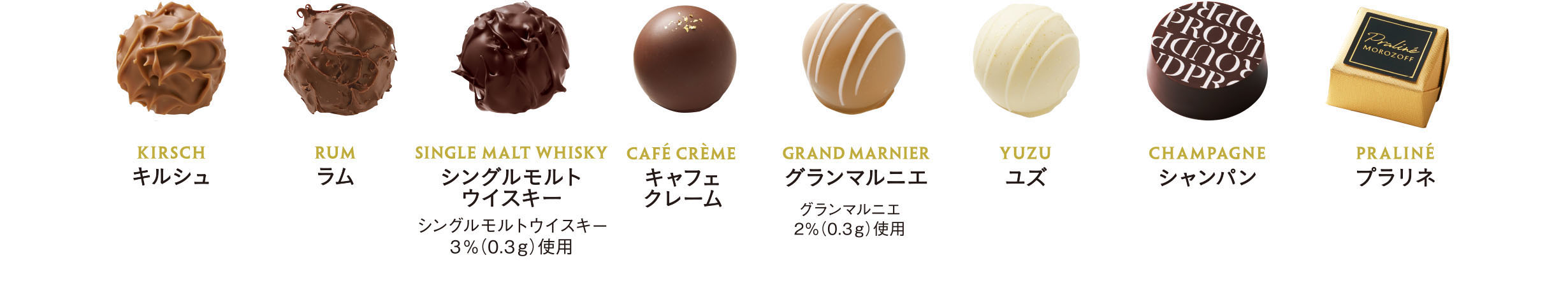 KIRSCHキルシュ。RUMラム。SINGLE MALT WHISKYシングルモルトウイスキー、シングルモルトウイスキー 3%(0.3g)使用。CAFE CREMEキャフェ クレーム。GRAND MARNIERグランマルニエ：グランマルニエ 2%(0.3g)使用。YUZUユズ。CHAMPAGNEシャンパン。PRALINEプラリネ