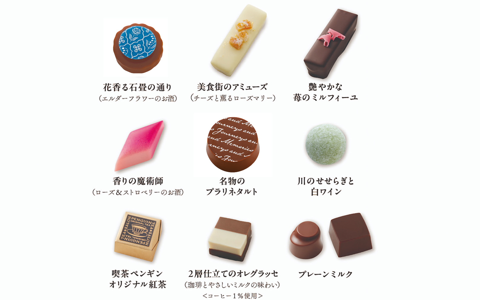 花香る石畳の通り（エルダーフラワーのお酒）。美食街のアミューズ（チーズと薫るローズマリー）。艶やかな苺のミルフィーユ。香りの魔術師（ローズ＆ストロベリーのお酒）。名物のプラリネタルト。川のせせらぎと白ワイン。喫茶ペンギンオリジナル紅茶。2層仕立てのオレグラッセ（珈琲とやさしいミルクの味わい）＜コーヒー1％使用＞。プレーンミルク。