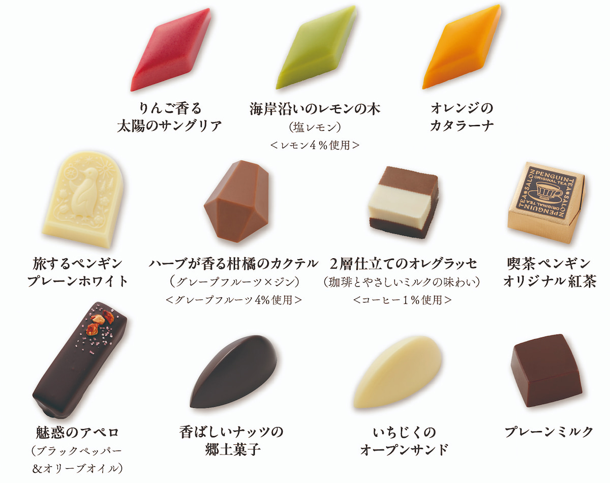 りんご香る太陽のサングリア。海岸沿いのレモンの木（塩レモン）＜レモン4％使用＞。オレンジのカタラーナ。旅するペンギンプレーンホワイト。ハーブが香る柑橘のカクテル（グレープフルーツ×ジン）＜グレープフルーツ4％使用＞。2層仕立てのオレグラッセ（珈琲とやさしいミルクの味わい）＜コーヒー1％使用＞。喫茶ペンギンオリジナル紅茶。魅惑のアペロ（ブラックペッパー＆オリーブオイル）。香ばしいナッツの郷土菓子。いちじくのオープンサンド。プレーンミルク。