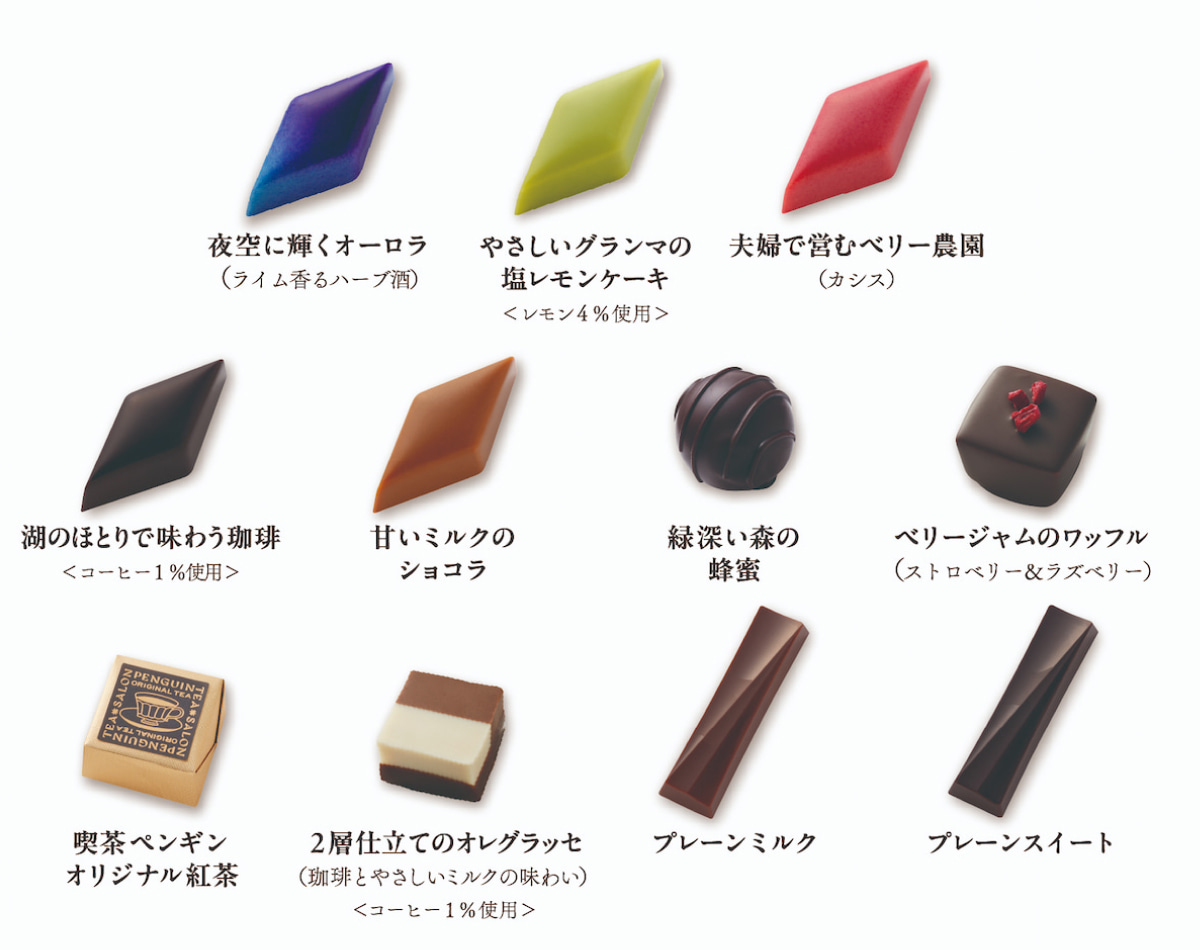 夜空に輝くオーロラ（ライム香るハーブ酒）。やさしいグランマの塩レモンケーキ＜レモン4％使用＞。夫婦で営むベリー農園（カシス）。湖のほとりで味わう珈琲＜コーヒー1％使用＞。甘いミルクのショコラ。緑深い森の蜂蜜。ベリージャムのワッフル（ストロベリー＆ラズベリー）。喫茶ペンギンオリジナル紅茶。2層仕立てのオレグラッセ（珈琲とやさしいミルクの味わい）＜コーヒー1％使用＞。プレーンミルク。プレーンスイート。