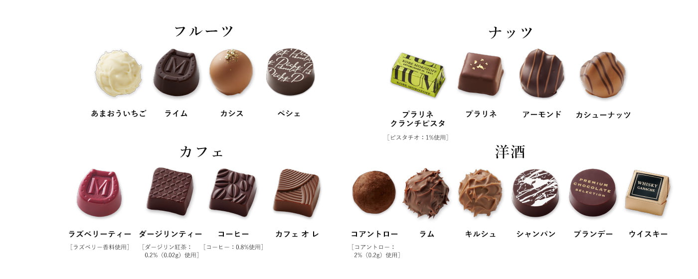フルーツ：あまおういちご ライム カシス ベシェ。ナッツ：プラリネクランチピスタチオ [ピスタチオ：1％使用]。プラリネ アーモンド カシューナッツカフェ：ラズベリーティー [ラズベリー香料使用]。ダージリンティー [ダージリン紅茶 0.2％ (0.02g) 使用]。コーヒー [コーヒー 0.8％使用]カフェオレ。洋酒：コアントロー [コアントロー：2％ (0.2g) 使用]ラム　キルシュ　シャンパン　ブランデー　ウイスキー